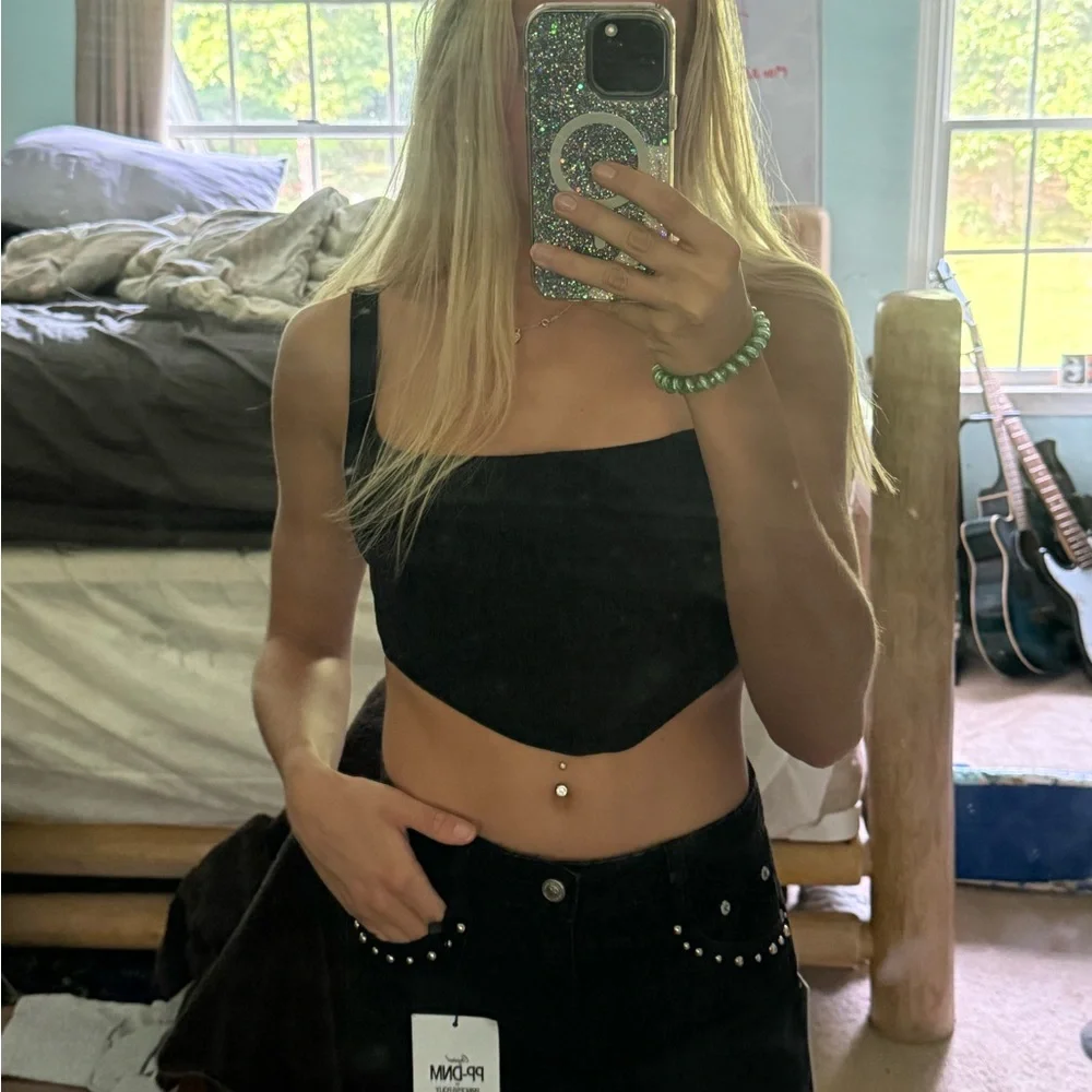 Princess Polly Black Denim Shorts with Studs - Picture 2 of 4